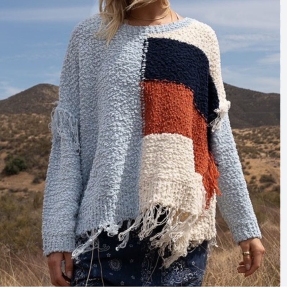 Pol Fringed Color Block Popcorn Knit Patchwork Oversized Sweater Blue Size M